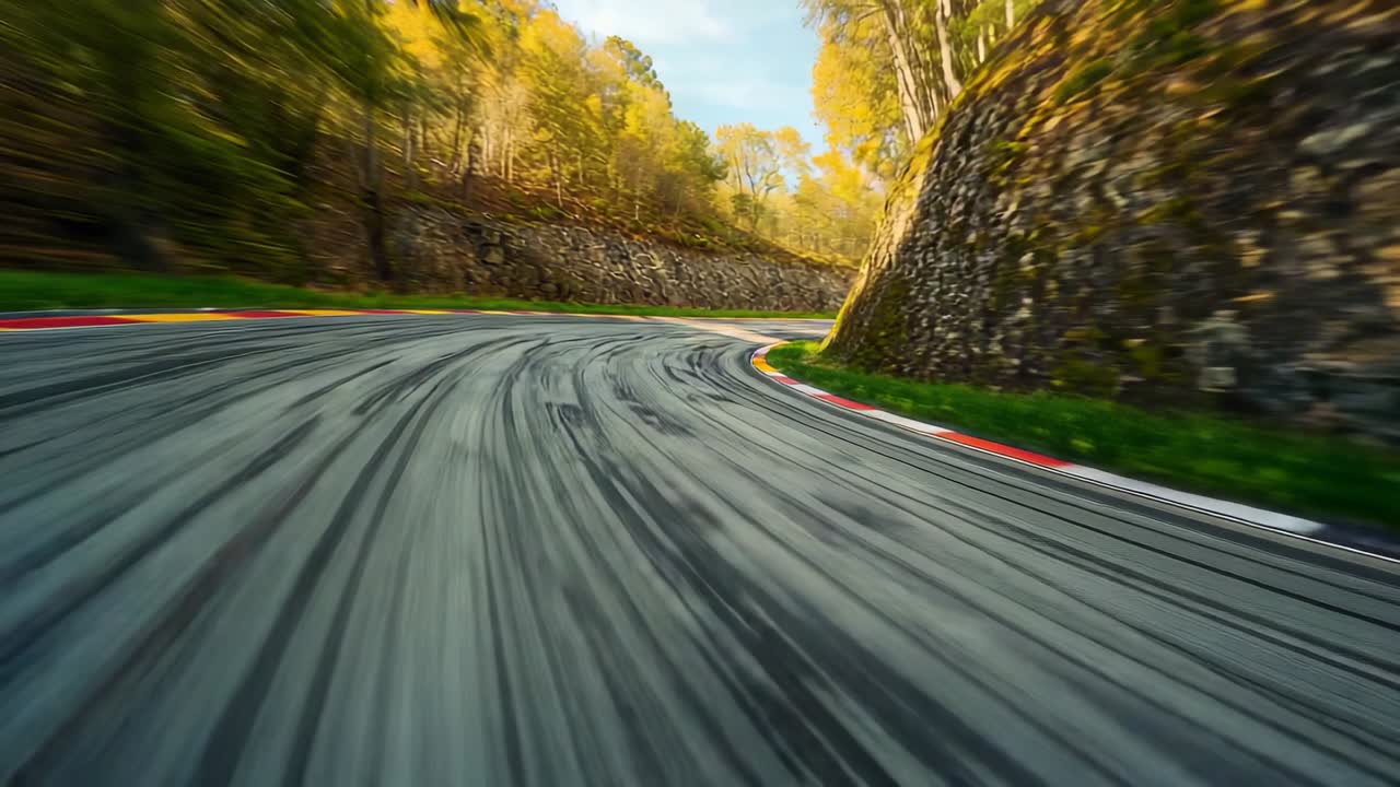 Individuazione di segni di frenata che motivano il motociclista ad affrontare una curva delimitata da una foresta, con un cordolo rosso e bianco