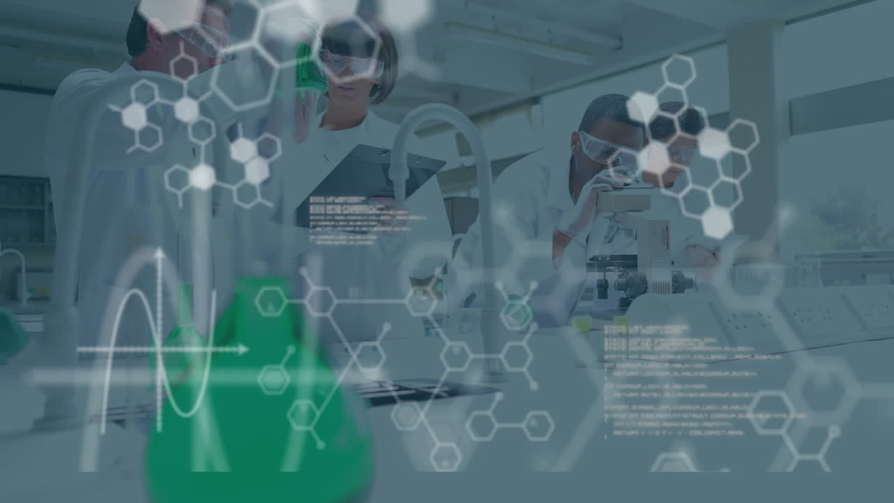 실험실에서 과학자 그룹에 대한 과학 데이터 처리의 애니메이션