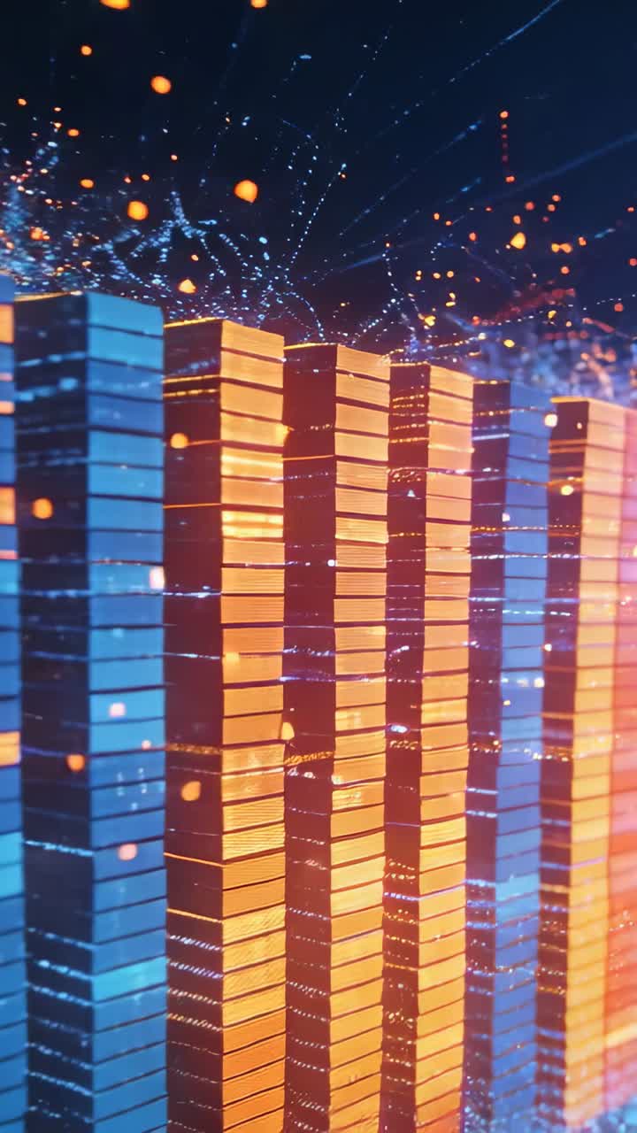 Video verticale: La telecamera si allontana, colonne che pulsano, particelle che salgono, rivelando una rete di dati tecnologici.