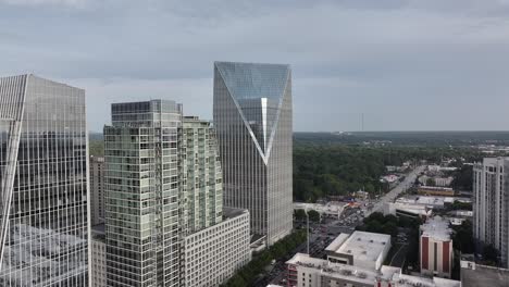 cinematic drone view of atlanta city glass skyscrapers facade, georgia, usa