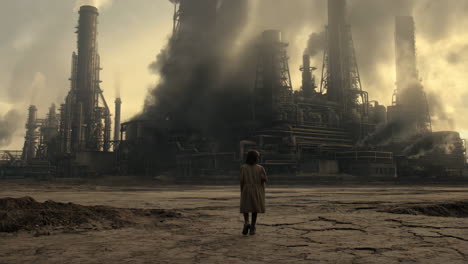 child observing a heavily polluting industrial complex