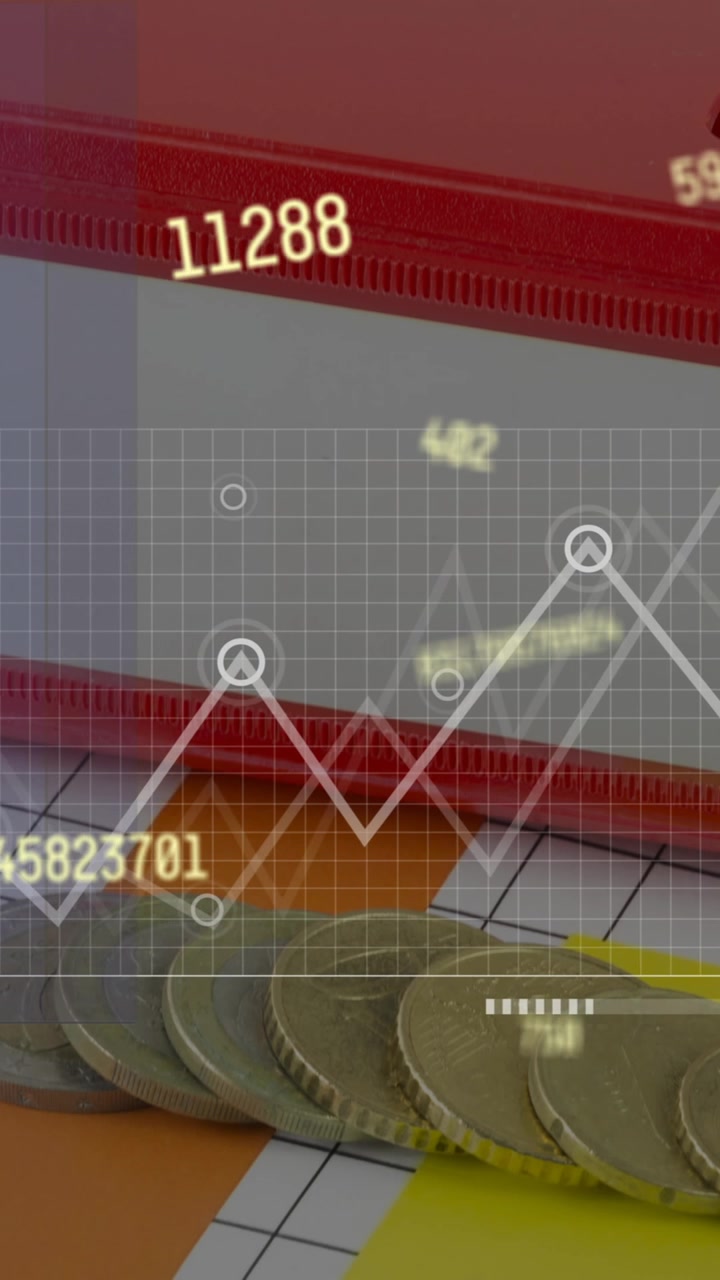 Animation of data processing and diagrams over coins and calculator