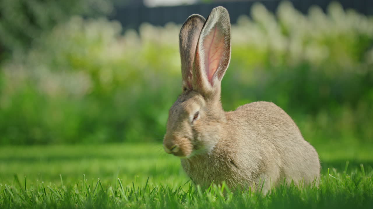 un conejo esponjoso en un prado verde