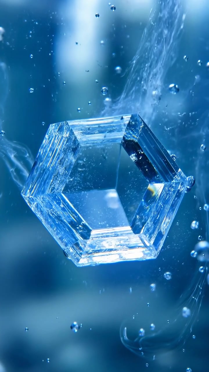 Un oggetto di cristallo trasparente rimane centrato mentre i riflessi di luce si spostano attraverso un ambiente fluido blu, con un bagliore soffuso, bolle e uno sfondo scuro che creano immagini astratte geometriche.