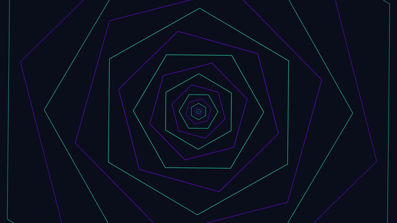 Abstract Geometric Tunnel of Rotating Neon Pentagons