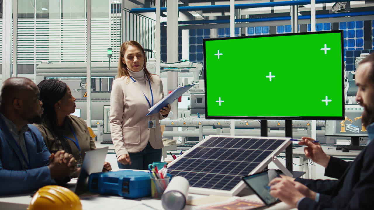 Businesspeople In Photovoltaics Plant Look At Data On Mockup Display