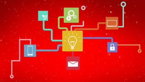 Animation-Von-Schnee,-Der-über-Ein-Netzwerk-Von-Verbindungen-Fällt,-Mit-Symbolen-Auf-Rotem-Hintergrund