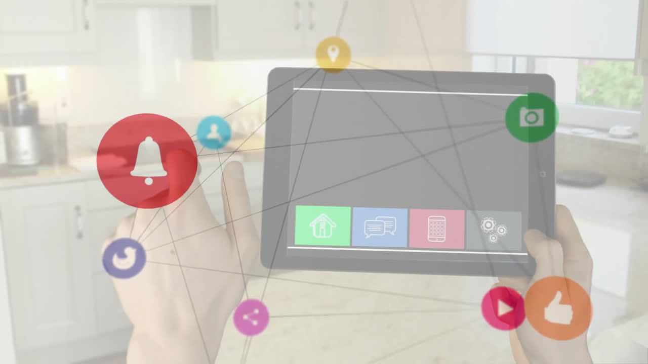 usando controles de hogar inteligente en la tableta, animación de dispositivos conectados e íconos