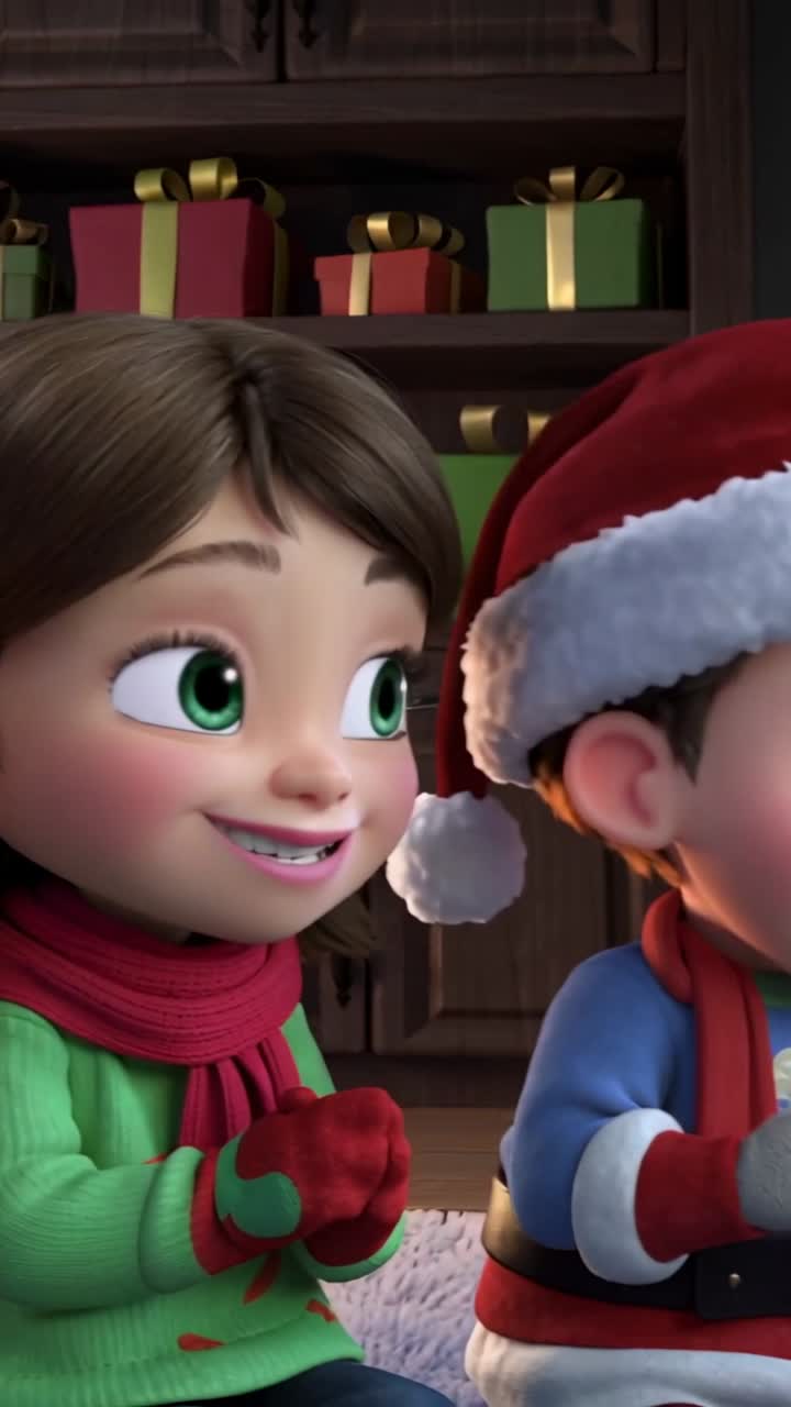 Vertical video: Siblings spotting gift and clapping on rug in living room, watching snowy window