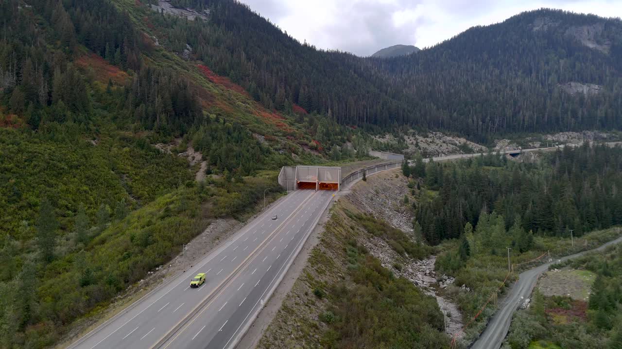 Drone Overhead Shot of Coquihalla's Great Bear Snow Shed Entrance of the Trans Canada Highway