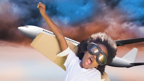 Animation-Eines-Glücklichen-Afroamerikanischen-Jungen,-Der-über-Einem-Flugzeug-Spielt