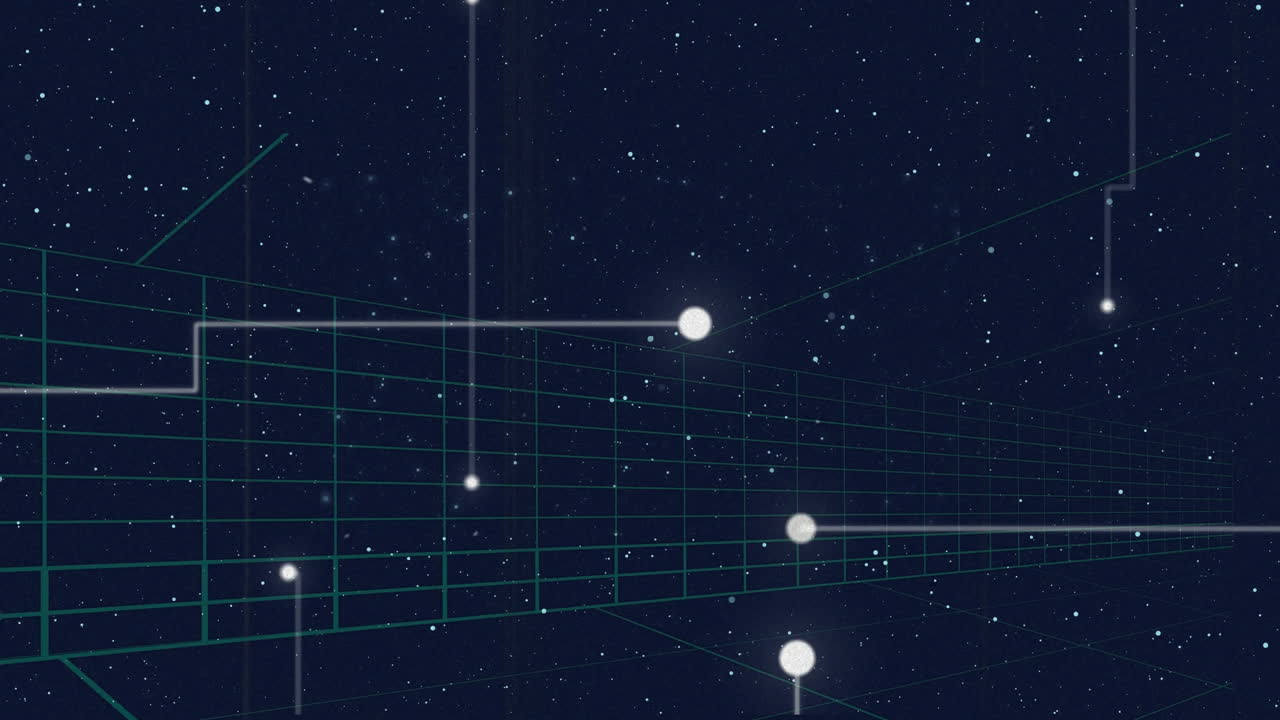 Animation of connecting dots, white particles and tunnel in seamless pattern against blue background