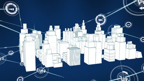 animation of network of connections over metaverse cityscape on dark blue background
