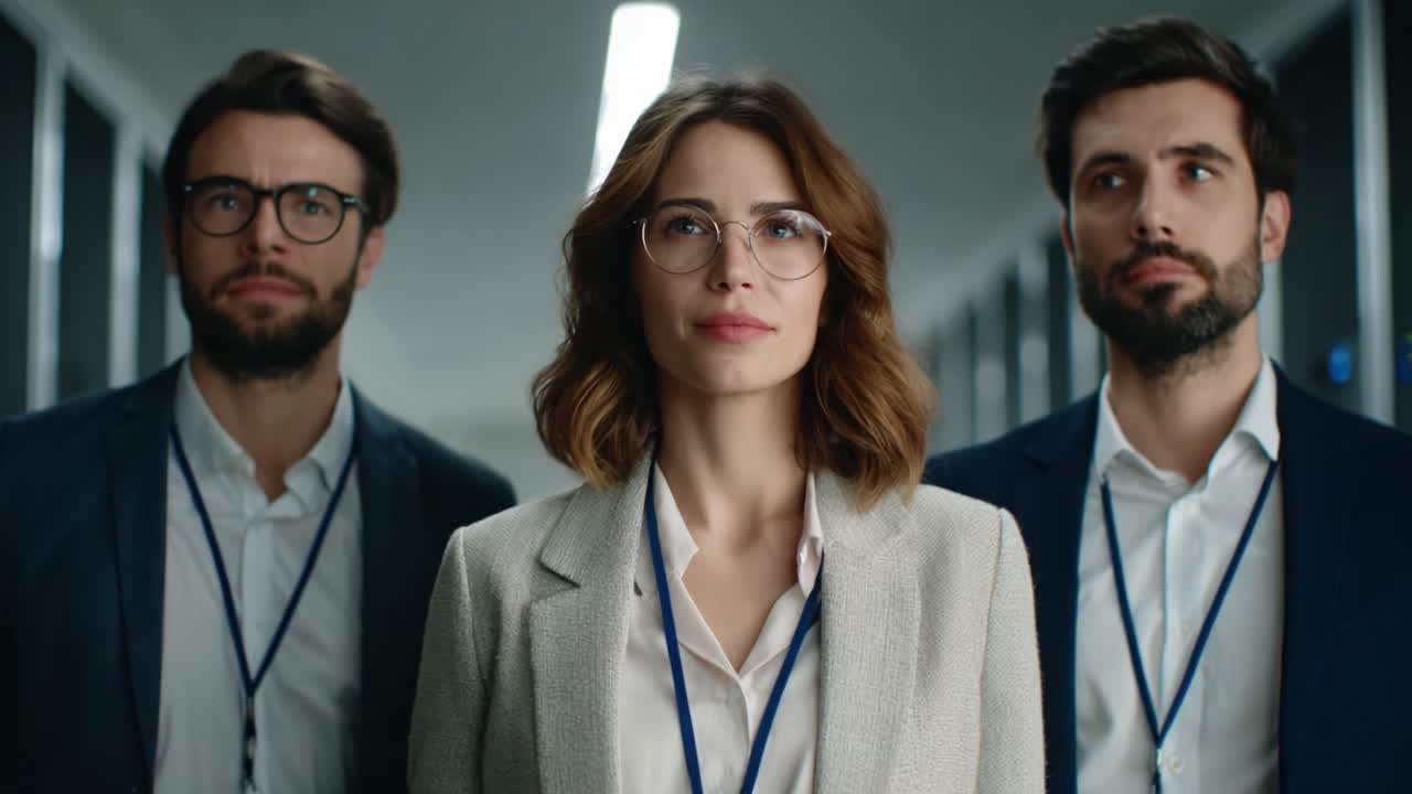 A Confident Trio in Business Attire Walking Together: A Dynamic Team Depicting Professionalism and Focus in a Modern Office Environment