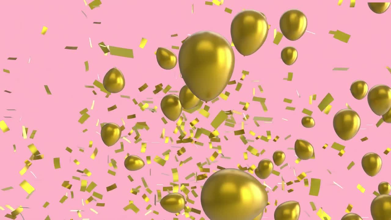 animación de globos de oro que se elevan, con confeti de oro cayendo sobre un fondo rosa