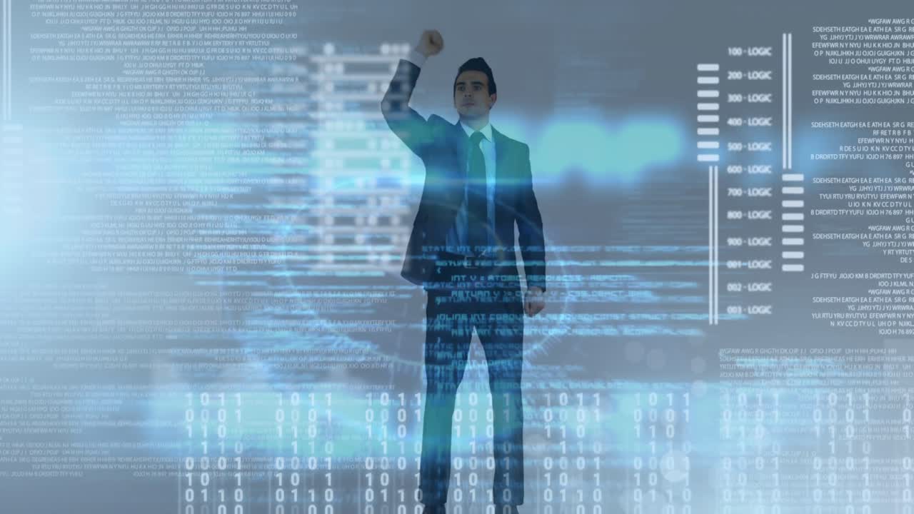 animación de diversos datos informáticos sobre el hombre de negocios caucásico golpeando