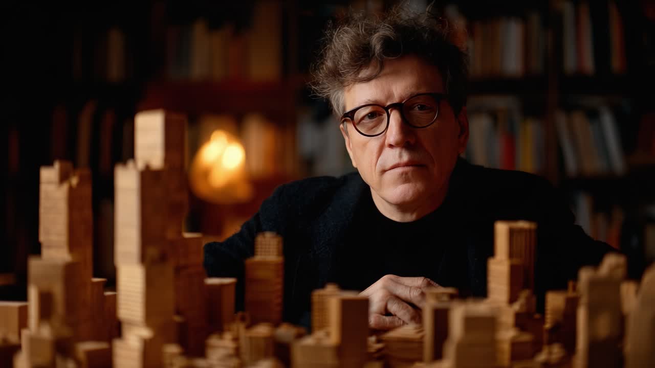 A Contemplative Architect Analyzes His Intricate Wooden City Model, Highlighting the Beauty of Urban Design and Creativity Through Craftsmanship and Innovation