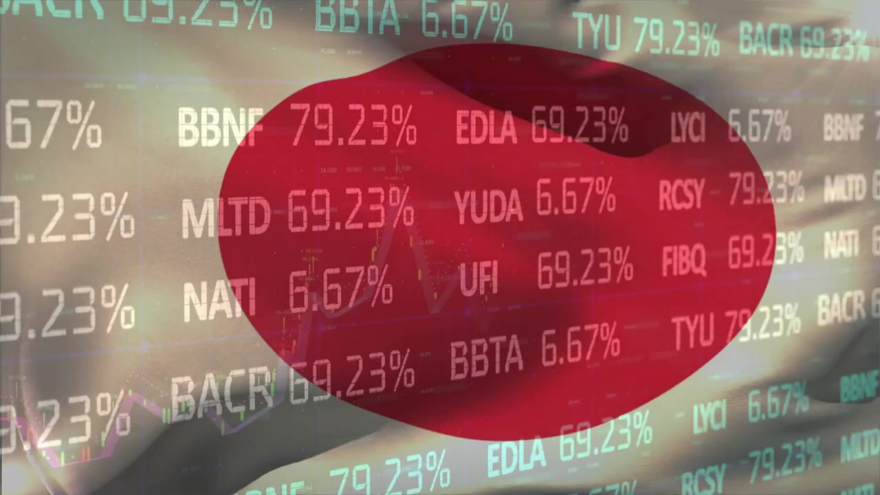 Fabric rippling causing red disc morphing while market tickers scrolling, visualizing market data