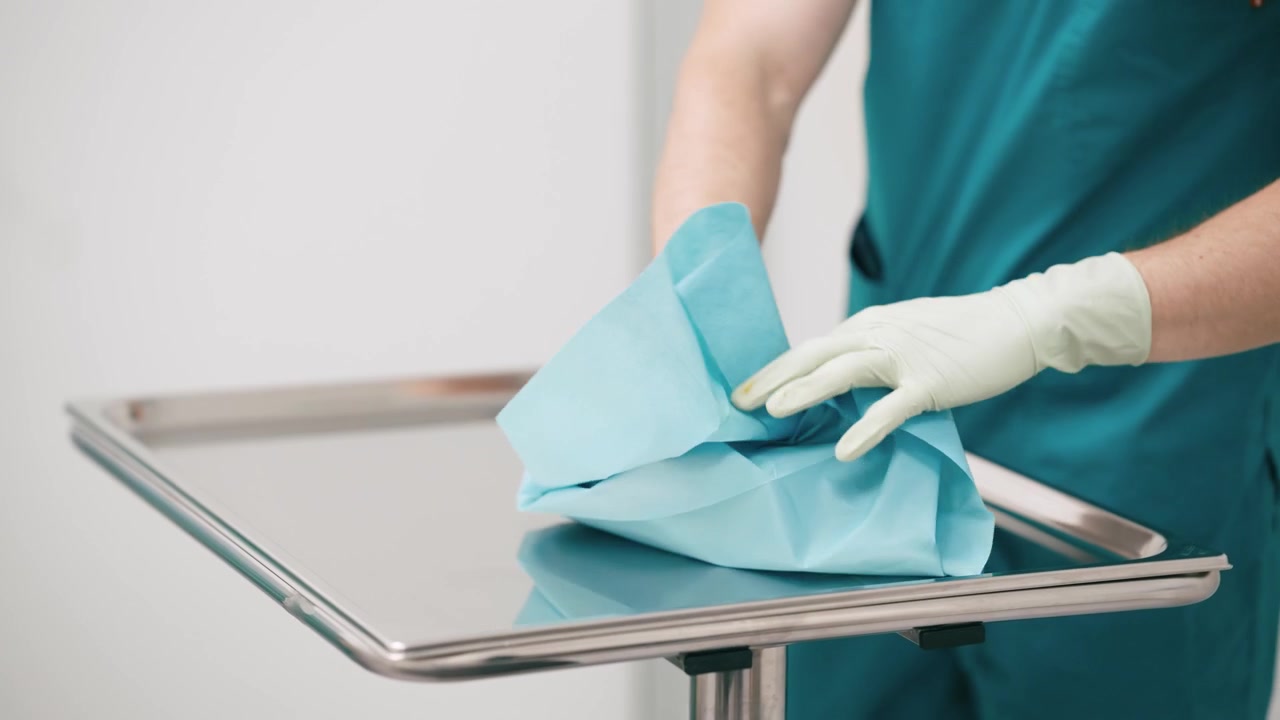 Professionista medico che pulisce un vassoio chirurgico in una stanza d'ospedale