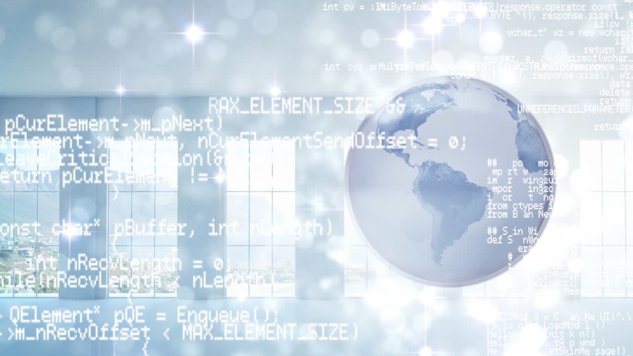 회전하는 지구의 애니메이션, 데이터 처리 및 사무실 창문에 대한 빛의 반점