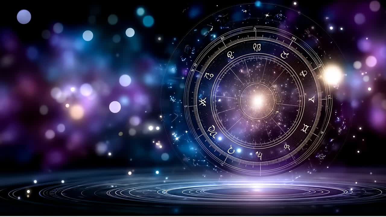 暗い宇宙空間に、明るい星々と渦巻く色彩が、星座のシンボルと中央の光とともに宇宙の情景を作り出している。
