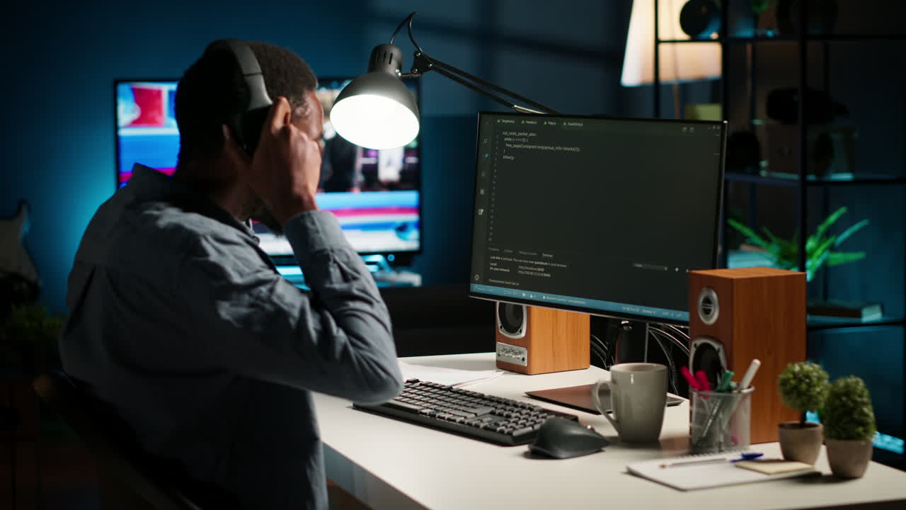 African american male programmer working on cloud computing with an algorithm