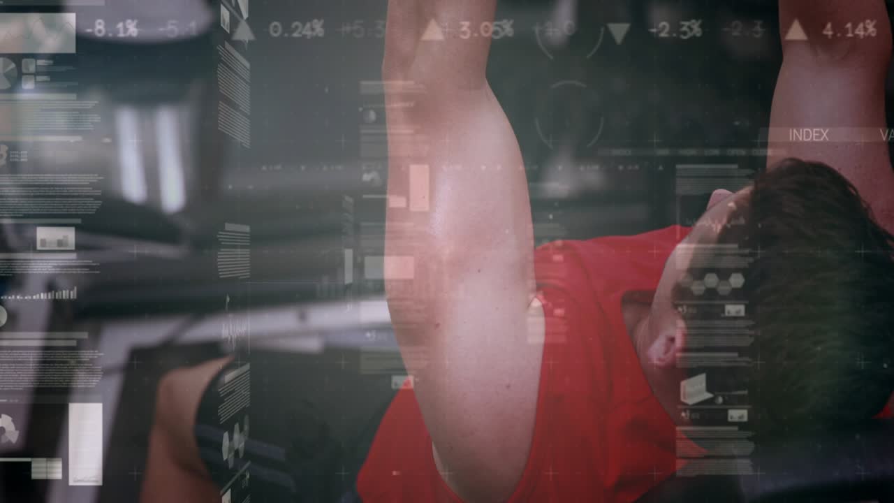 Adult male lying on bench, starting chest-held right-arm pressing, HUD overlaying fitness tracking