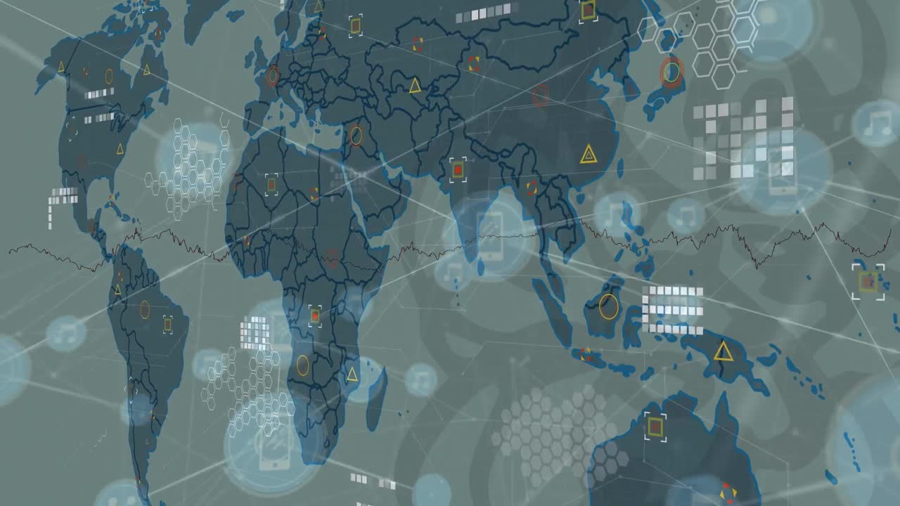세계 지도를 가로지르는 연결 네트워크의 애니메이션