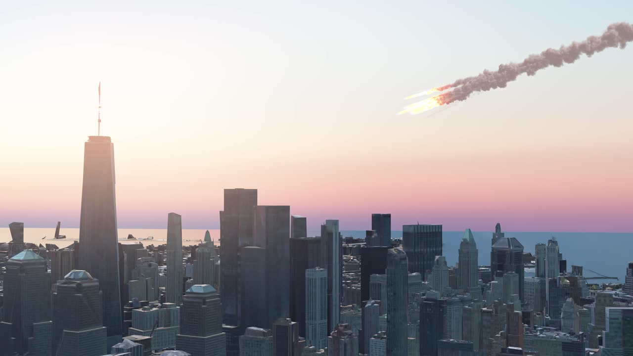 Meteor Approaching a Cityscape at Sunset