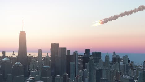 meteor approaching a cityscape at sunset