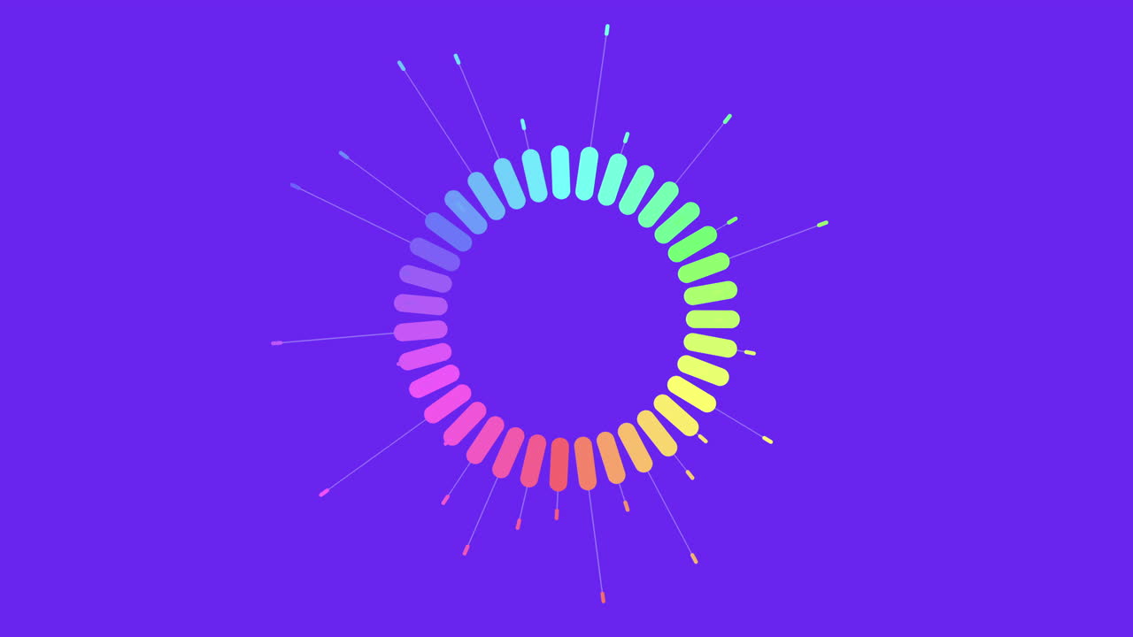 A vibrant rainbow spiral adorns a purple backdrop in a circular formation. The colors overlap in a mesmerizing pattern, creating a visually striking and colorful image