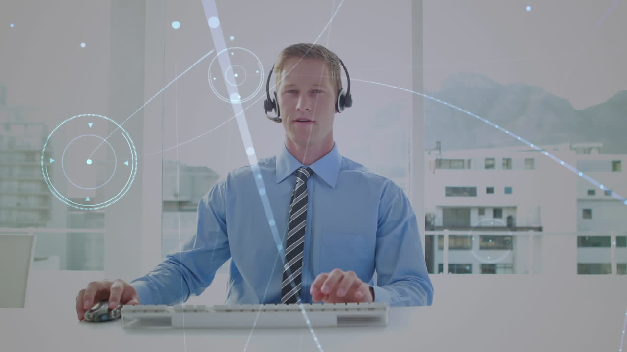 Animazione di un uomo d'affari che usa cuffie telefoniche e una rete di connessioni