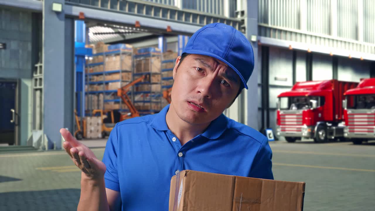 Close Up Of Asian male Courier In Blue Uniform Showing Puzzled Gesture And Saying What While Delivering A Carton, Outside of Logistics Distributions Warehouse