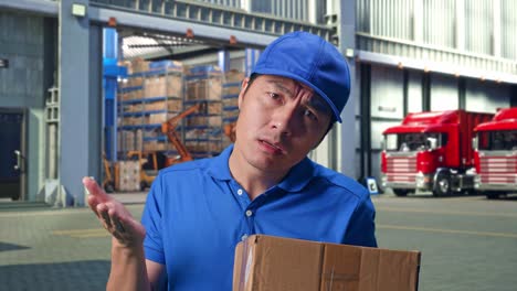 close up of asian male courier in blue uniform showing puzzled gesture and saying what while delivering a carton, outside of logistics distributions warehouse
