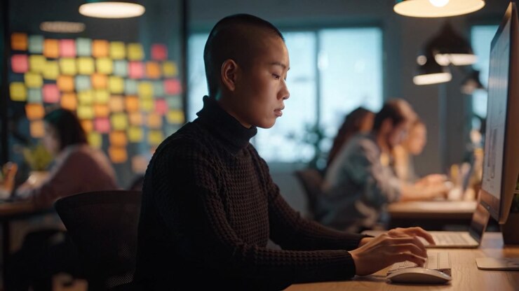 Focused Individual Working on Computer in a Modern Office Environment Amidst Colleagues Engaged in Various Tasks with Colorful Sticky Notes in Background