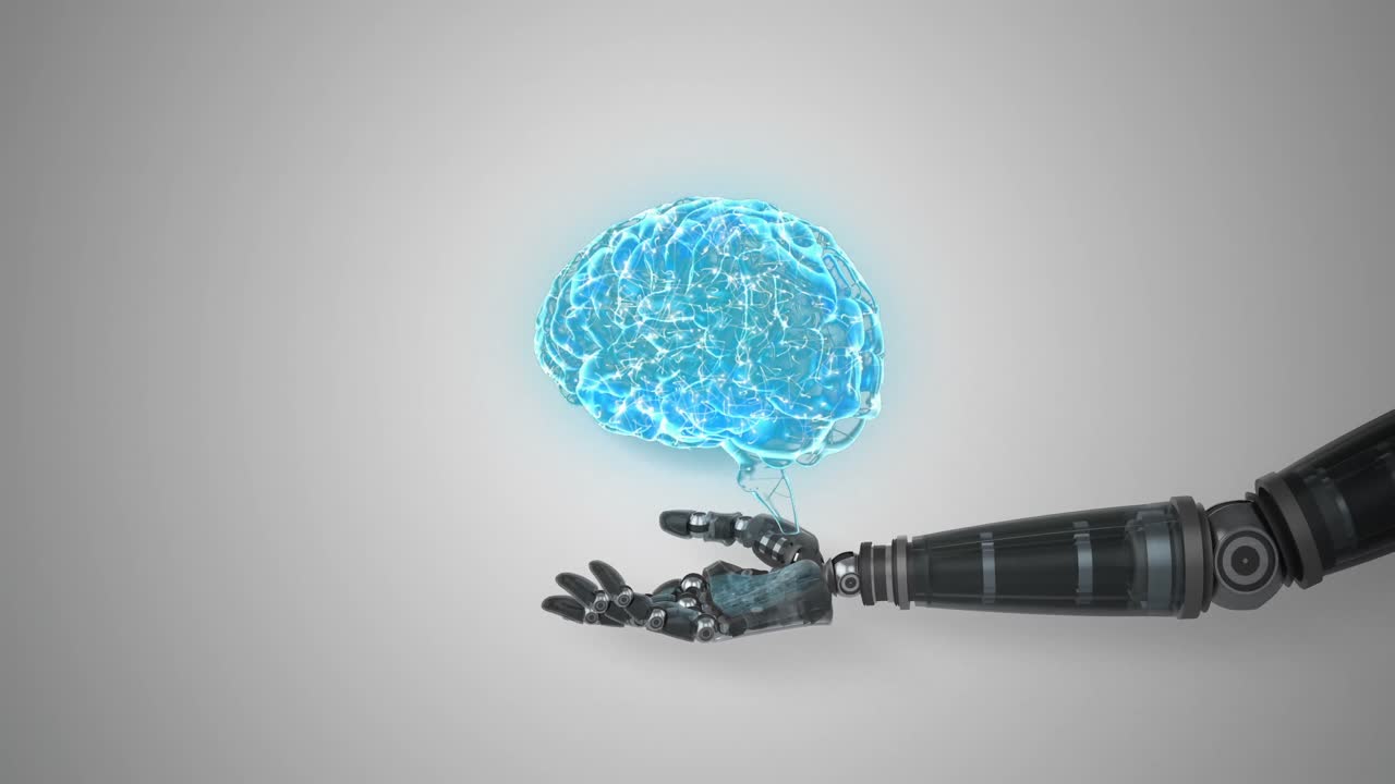 Robotic hand presenting digital human brain