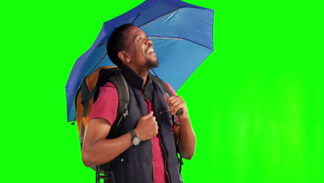 backpacker, umbrella and rain for black man