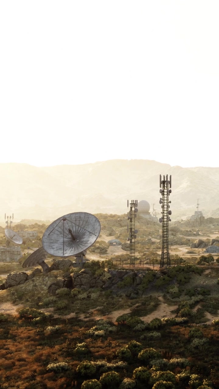 Torri di comunicazione e parabole satellitari in un'area desertica al tramonto