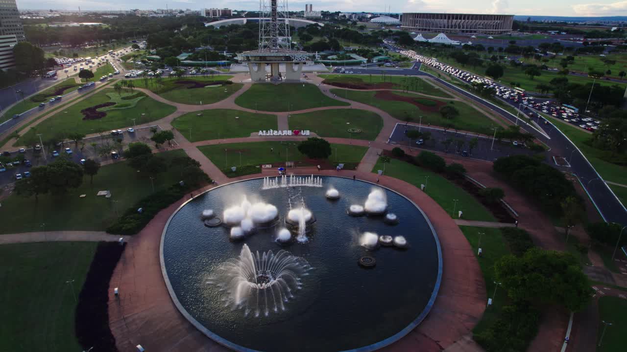 aerial view of the fountain, with tv tower in the background - brasilia df