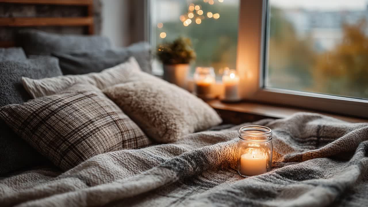 Ambiente acogedor de dormitorio con textiles suaves, iluminación ambiental y una vela encendida sobre una cama cálidamente cubierta, rodeada de una decoración reconfortante.