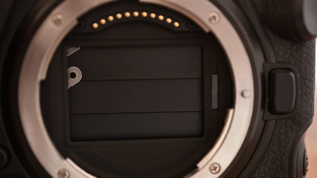 Close up view of a digital camera shutter opening