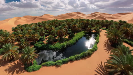beautiful oasis with palm trees and water in a vast desert