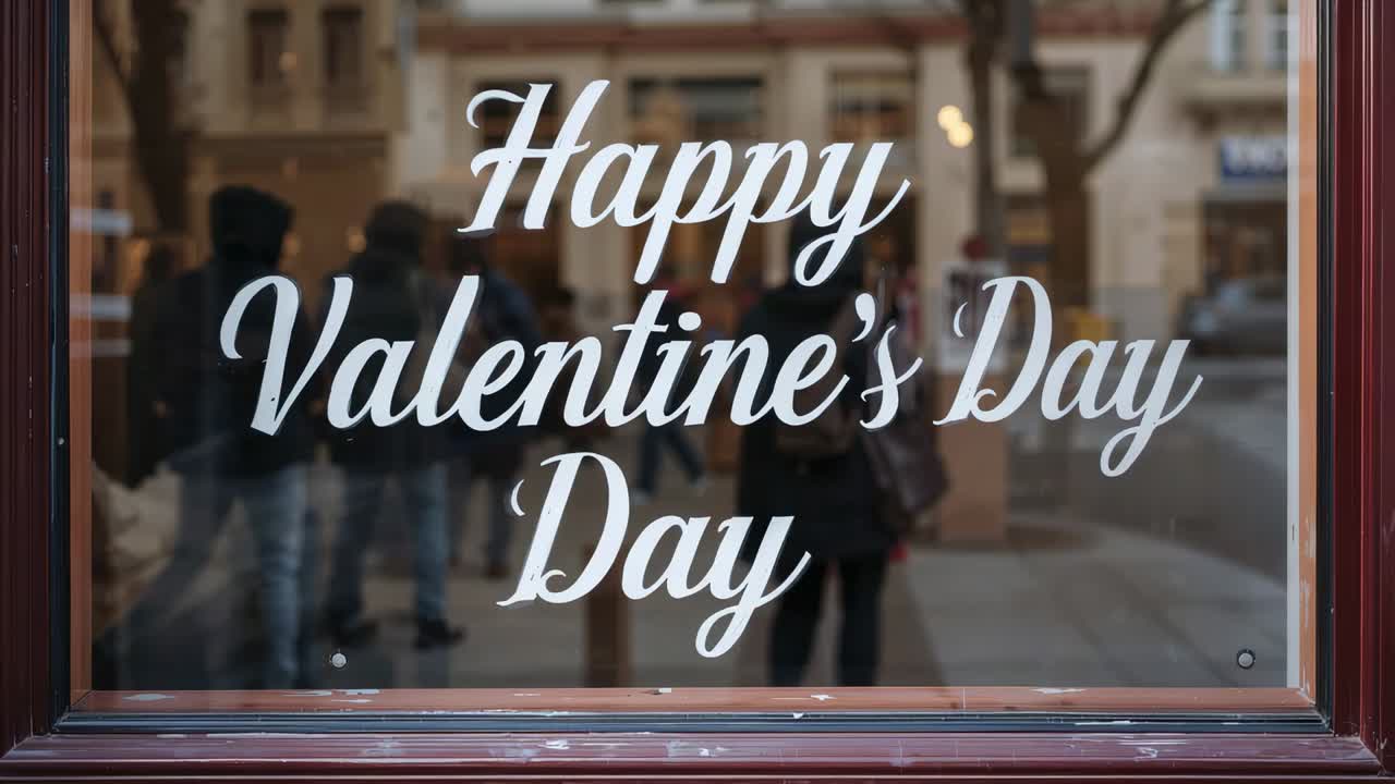 Showing glass sign saying Happy Valentine's Day on city street, passersby walking wearing coats
