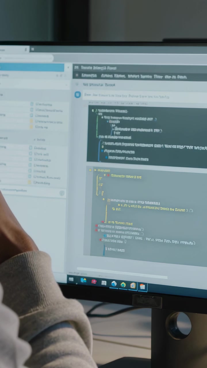Vertical video: Hand entering left in light top pointing at code on wide monitor, checking at desk
