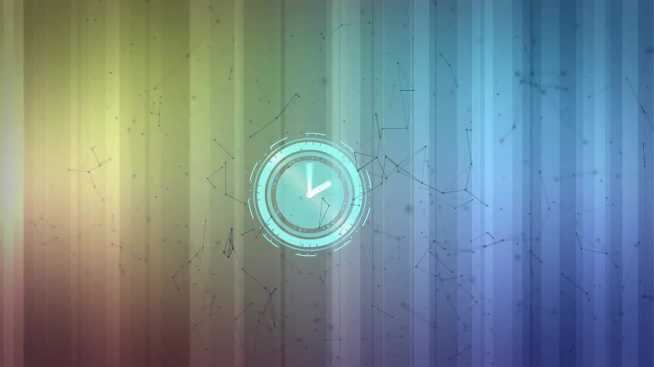animación del reloj, con una red de conexiones, sobre haces de luz azul y amarillo brillantes
