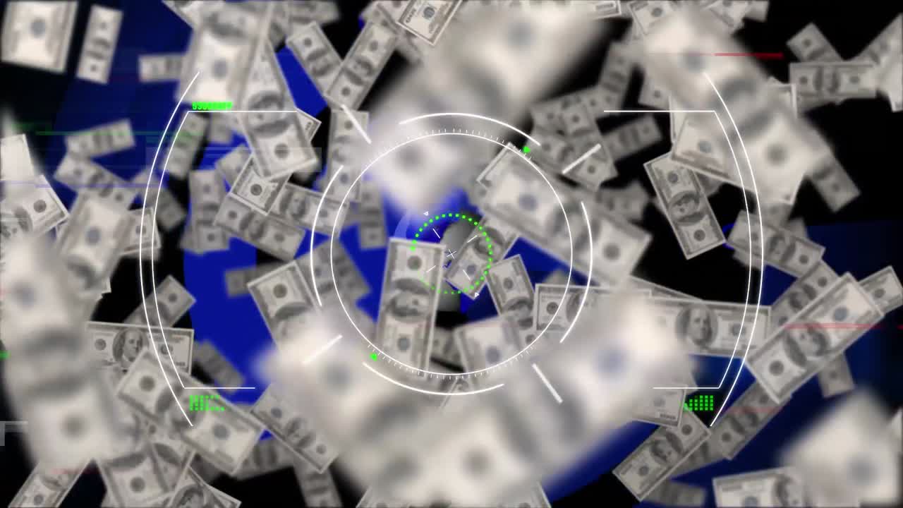 은행권의 애니메이션과 검은색 배경에 전 세계를 스캔하는 범위