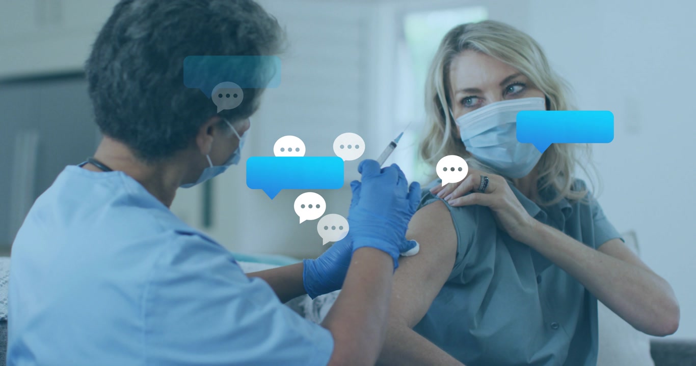 Nurse placing syringe near patient arm, delivering vaccination while chat bubbles explaining steps