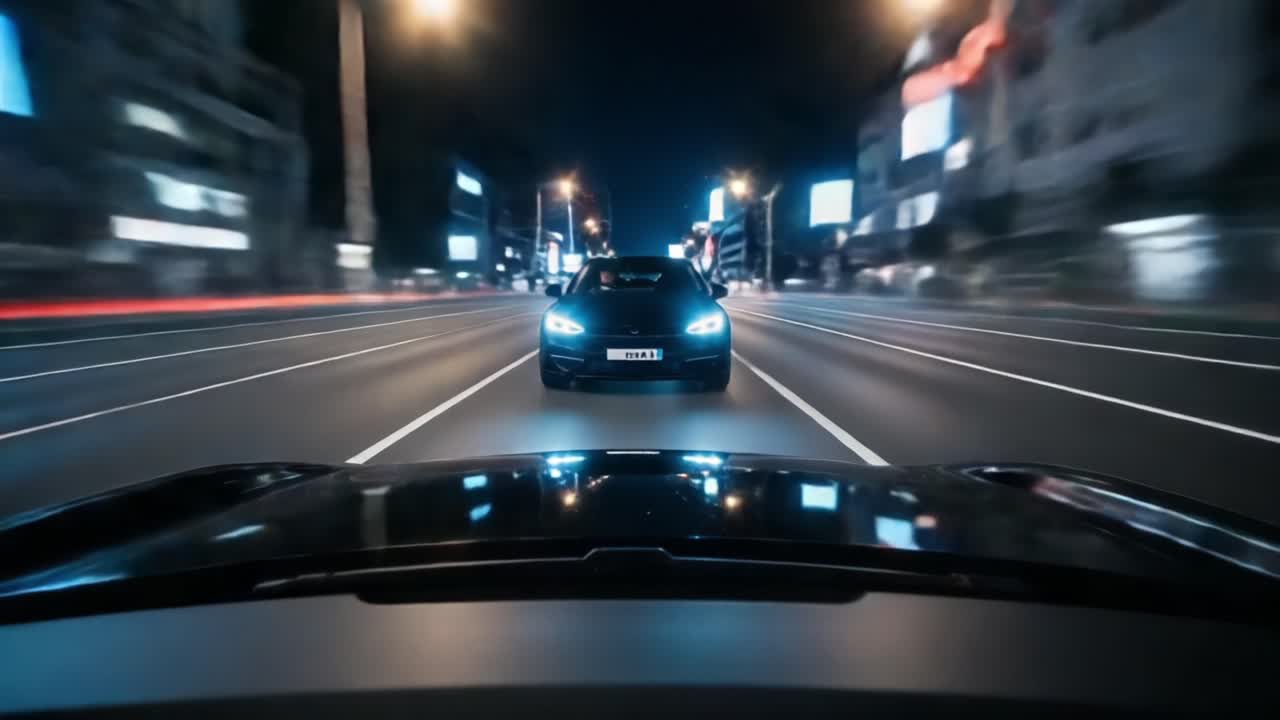 Dynamic Urban Night Drive: Captivating Scenes of a Modern City with Motion and Light as a Car Navigates Through Vibrant Streets at High Speed