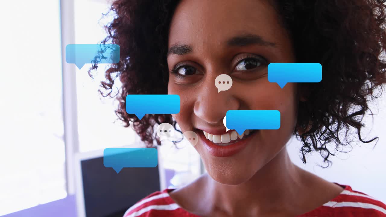 Woman walking toward camera, causing chat bubbles over face and showing message flow for business