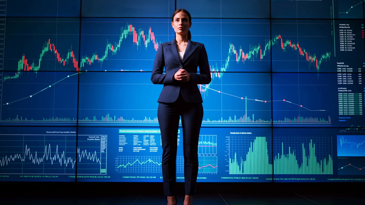 Caucasian Woman Presenting Stock Charts In Modern Trading Studio With Blue Wall Display, Candlestick Graphs